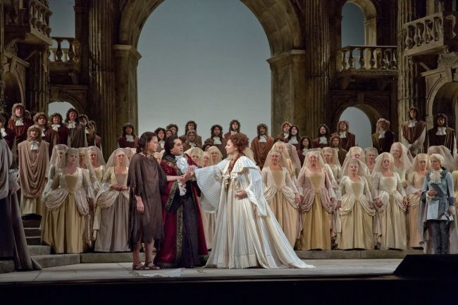 Elīna Garanča as Sesto, Giuseppe Filianoti as Tito, and Barbara Frittoli as Vitellia in Mozart's "La Clemenza di Tito." Photo: Ken Howard/Metropolitan Opera