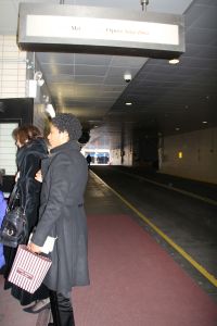 Leslie entering the stage door