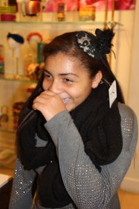 Ana trying on a Bond-bon