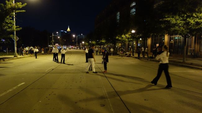 Layla and Grace interacting with Pablo Bronstein's Plaza Minuet