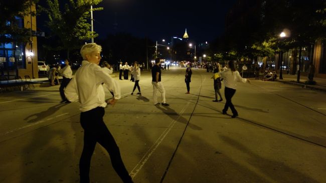 Layla and Grace interacting with Pablo Bronstein's Plaza Minuet