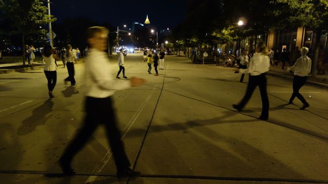 Layla and Grace interacting with Pablo Bronstein's Plaza Minuet