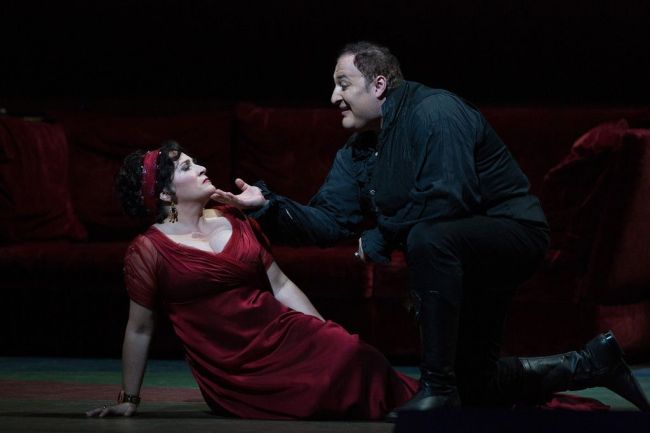 Patricia Racette as the title character and George Gagnidze as Scarpia in a scene from Act II of Puccini's "Tosca."  Photo: Marty Sohl/Metropolitan Opera