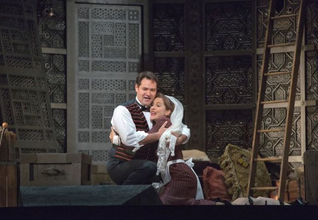 Marlis Petersen as Susanna and Ildar Abdrazakov as Figaro in Mozart's "Le Nozze di Figaro." Richard Eyre's new production of the opera, conducted by James Levine, opens the Met season on September 22, 2014. Photo: Ken Howard/Metropolitan Opera