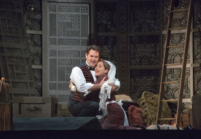 Marlis Petersen as Susanna and Ildar Abdrazakov as Figaro in Mozart's "Le Nozze di Figaro." Richard Eyre's new production of the opera, conducted by James Levine, opens the Met season on September 22, 2014. Photo: Ken Howard/Metropolitan Opera