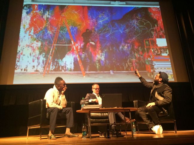 Fahamu, Michael and Jose with an image of new World Trade Center piece 